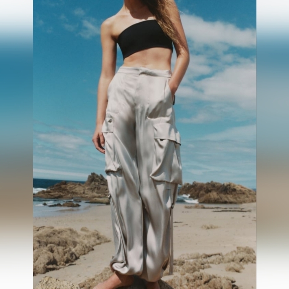 Zara Satin Effect High Waist Cargo pants